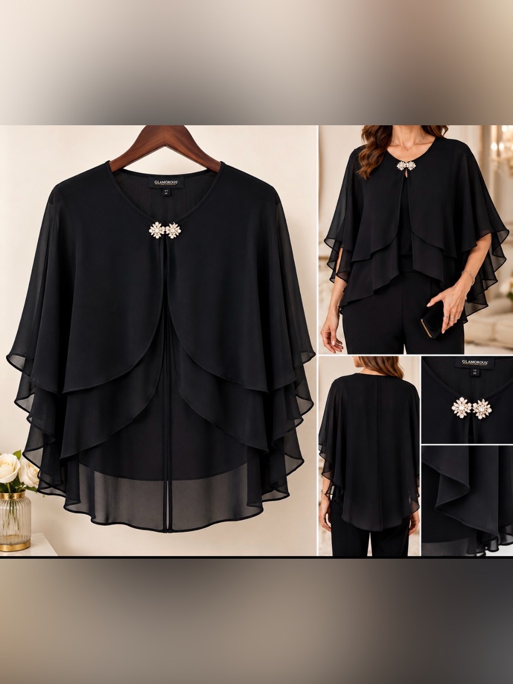 🩷. Elegant Sheer Chiffon Cape Blouse with Rhinestone Clasp